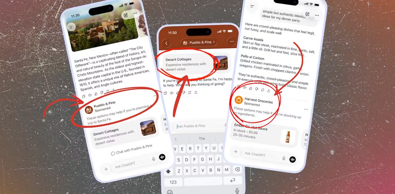Aperçu mobile ChatGPT Ads — formats sponsorisés annotés